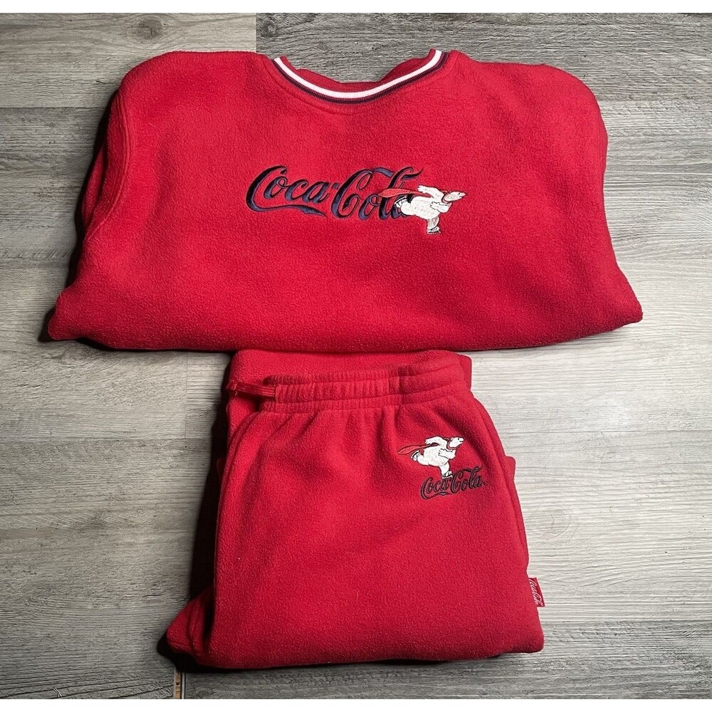 Vintage 90s Coca Cola Polar Bear Fleece Sweat Suit Set Medium Top Large Bottom